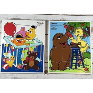 Vintage Playskool Sesame Street Wooden Puzzles Lot Bert Ernie, Big Bird & Snuffy